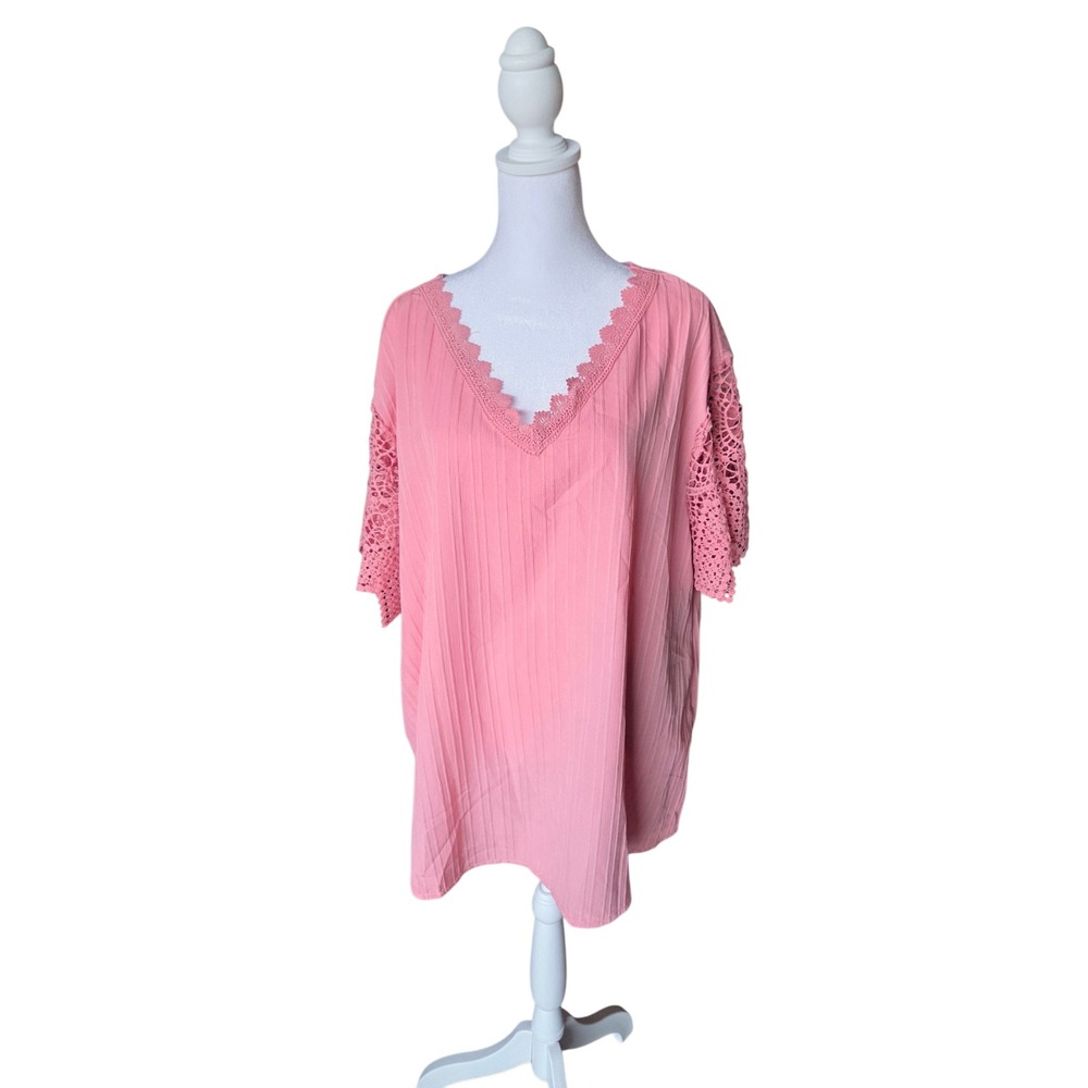 Finjani Coral Pink Crochet Lace V-Neck Blouse Textured Tunic Top Womens 2XL